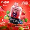 Colorful Advertisement For A Bang Leader Stoll Vape With Vivid Fruit Imagery Including Watermelon, Strawberries, Blueberries, Raspberries, And Watermelon-Themed Bubble Gum Balls, Featuring The Flavors 'Watermelon Bubble Gum &Amp; Mixed Fruit' On A Vibrant Red Background.
