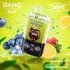 Bang Leader Stoll 2-In-1 Vape Device With A Digital Display, Illustrated With A Roaring Gorilla, Surrounded By Blueberries, Raspberries, Lemon Slices, And Ice Cubes On A Vibrant Yellow-Green Background, Labeled With The Flavors 'Blueberry Ice &Amp; Raspberry Lemon' And '120000'.