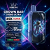 Al Fakher Crown Bar 25000 Ultra Disposable Vape With Translucent Body, Astronaut Artwork, And Led Display Visible On Front.
