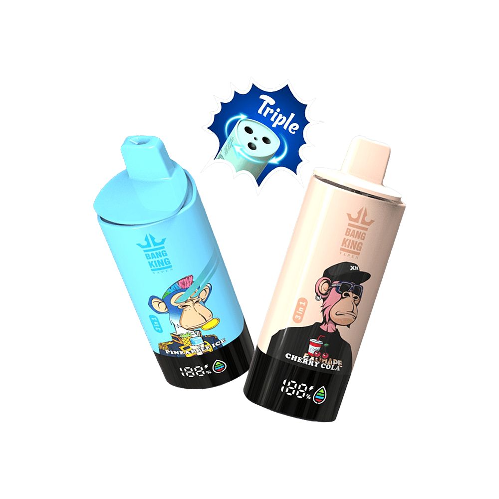 Dos dispositivos de vapeo desechables Bang King con ilustraciones de dibujos animados de simios, uno azul etiquetado como 'Pineapple Ice' y otro beige etiquetado como 'Shade Cherry Cola', con un gráfico que muestra un ícono de tres dados encima de ellos.