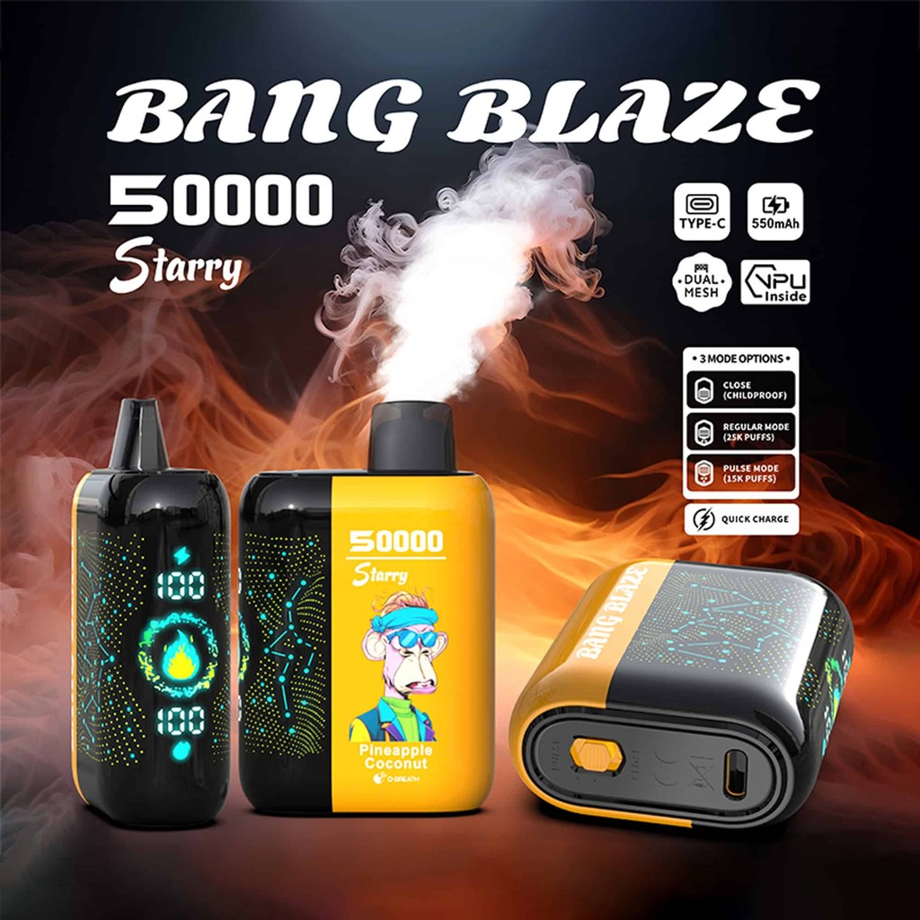 Promotie-afbeelding voor het 'BANG BLAZE' Starry wegwerp-vape-apparaat, met drie weergaven van het product met levendige digitale displays, rook, opvallende geel-zwarte kleuren en geïllustreerde branding met een cartoon-aap, naast kenmerkende pictogrammen en specificaties zoals 50.000 trekjes, opladen via type-C en drie modusopties.