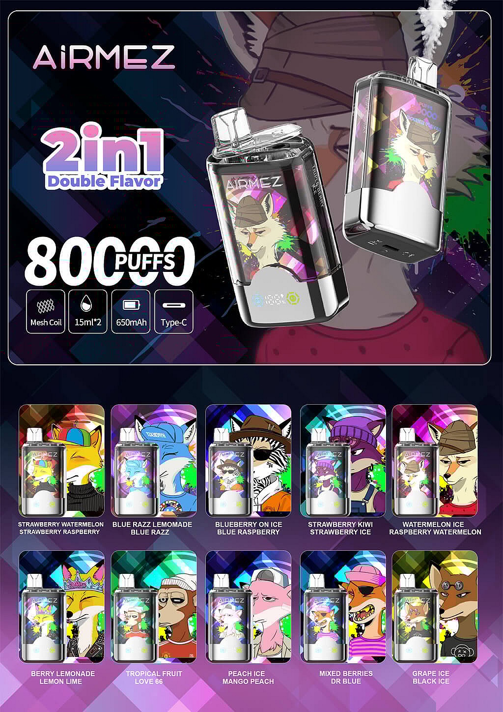 Promotional Image For Airmez 2-In-1 Double Flavor Vape Device, Highlighting 80,000 Puffs And Showing Various Flavor Combinations With Colorful, Stylized Animal Illustrations On Each Vape.