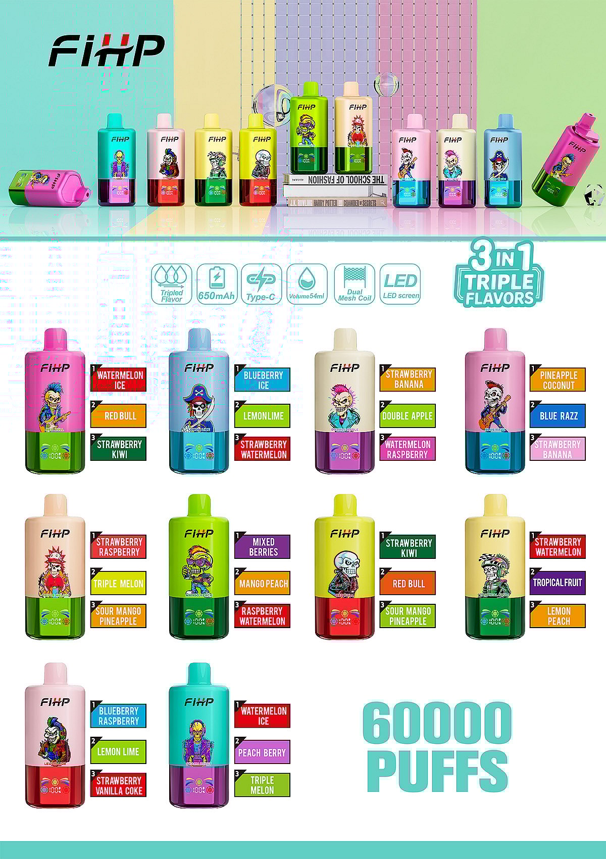 Display Of Fihp Branded Disposable Vape Devices In Various Pastel Colors, Each Featuring A Cartoon Character Design And Highlighting ‘3 In 1 Triple Flavors’ Options Such As Watermelon Ice, Red Bull, Strawberry Kiwi, And Showing Features Like 650Mah Battery, Mesh Coil, Led Screen, And A Claim Of 60,000 Puffs.