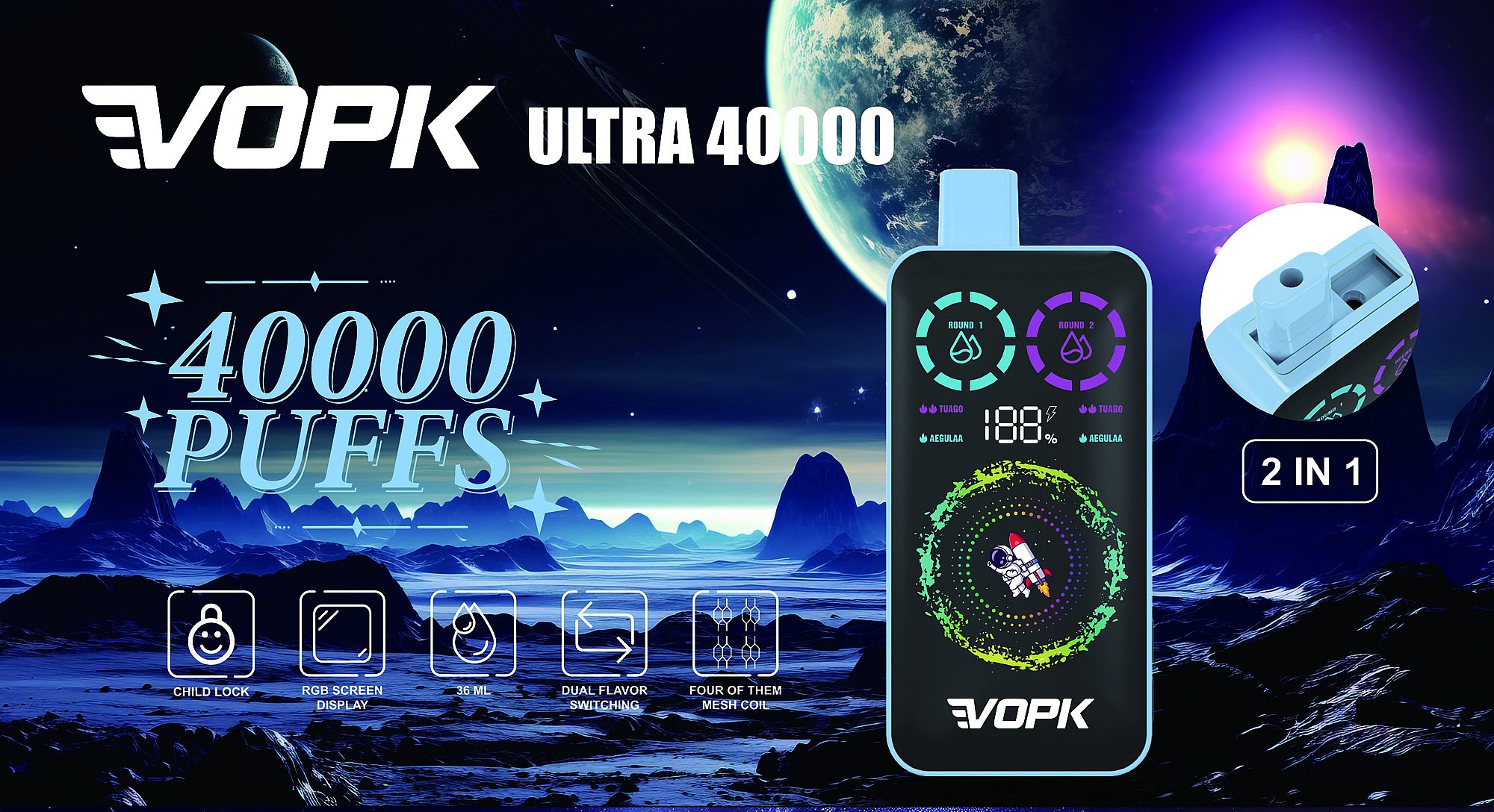 Advertisement For Vopk Ultra 40000 Disposable Vape, Featuring A Digital Display, Dual Flavor Switching, Child Lock, Mesh Coils, And 40000 Puffs Capacity, Set Against A Futuristic Outer Space Landscape.