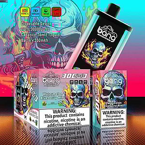 Bang 30000 pro disposable vape device and packaging featuring a flaming skull design, labeled with product details such as 30,000 puffs, 36ml liquid capacity, watermelon blueberry mint flavor, and nicotine addiction warning.