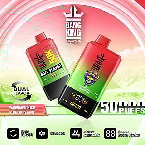 Two Bang King 50000 vape devices with red and green gradient design, featuring branding, a digital display, dual flavor options of watermelon ice and blueberry mint, and key features like mesh coil and airflow adjustment, set against a colorful, futuristic background promoting 50,000 puffs.