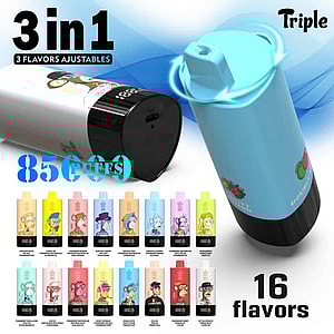 Promotional image for a triple-flavor vape device showing 3-in-1 adjustable flavors, 8500 puffs, and 16 illustrated flavor options.Bang King Triple 85000