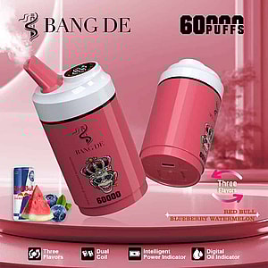 Promotional image showing two pink disposable vape devices labeled 'BANG DE' with 60,000 puffs and three flavors: Red Bull, blueberry, and watermelon, alongside feature icons and fruit illustrations.