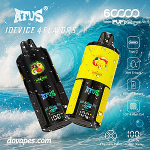 Two brightly colored ATVS Warship 60000 e-cigarette devices were displayed in front of a blue wavy background, and were equipped with product features such as 60,000 puffs, adjustable flavors, a 650mAh battery and a digital screen.