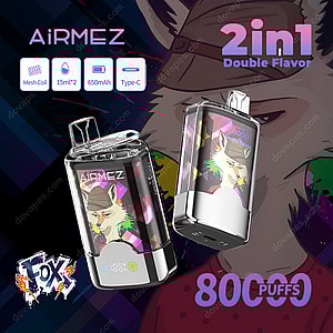Promotional image for Airmez 2-in-1 double flavor vape device featuring a fox illustration, advertising mesh coil, dual 15ml capacity, 650mAh battery, Type-C charging, and 8000 puffs.