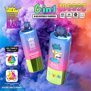 Promotional image for Bang Blaze 6-in-1 disposable vape devices, featuring two vapes with colorful designs and flavor options, highlighting 10,000 puffs, 6 adjustable flavors, and product features on a vibrant smoke background.