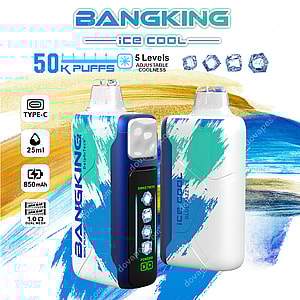 Two Bangking Ice Cool disposable vapes in a blue and white paint-splatter design, featuring icons and text highlighting 50,000 puffs, 5 adjustable coolness levels, 25 ml capacity, 850 mAh battery, type-C charging, and dual mesh coil.