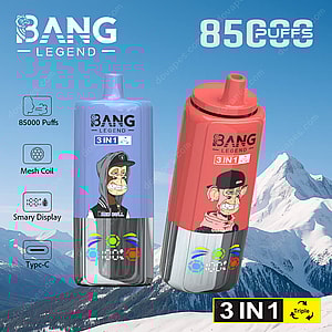 Two Bang Legend 3-in-1 vape devices featuring cartoon apes on their labels, set against a snowy mountain background, with text highlighting features such as 85,000 puffs, mesh coil, smart display, and USB Type-C charging.