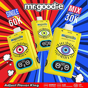 Promotional image for mr.goodie vaping device featuring three yellow units with eye graphics, digital controls, and text highlighting 'Single Flavor Mode 60K' and 'Mix Flavors Mode 30K' against a red and blue burst background.