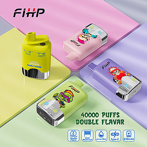 Four colorful FiHP branded disposable vape devices with cartoon designs, placed on pastel backgrounds, highlighting features such as 40,000 puffs, double flavor, dual mesh coil, 36ml volume, Type-C charging, and 850mAh battery.