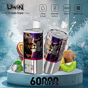 Two UWIN Tornado Triple disposable vape devices with a lion graphic and Cherry Ice flavor, displayed with ice cubes, passion fruit, and kiwi, highlighting features like 54ml e-liquid, 650mAh battery, Type-C charging, mesh coils, and 60,000 puffs capacity.