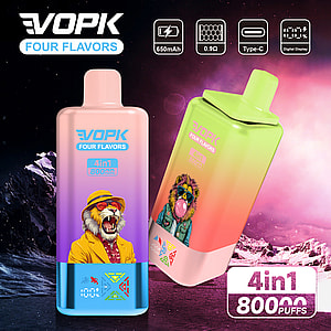 Promotional image for VOPK Four Flavors 4-in-1 disposable vape devices featuring colorful lion illustrations, product specifications like 650mAh battery, Type-C charging, 0.9Ω coil, and digital display, with a vibrant mountain background.