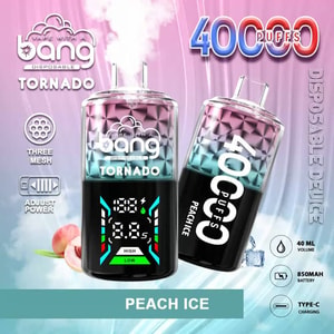 Bang Tornado 40000 disposable vape devices in the Peach Ice flavor, featuring colorful gradient designs, digital display, and highlighting 40,000 puffs, three mesh coil, adjustable power, 40ml volume, 850mAh battery, and type-C charging.