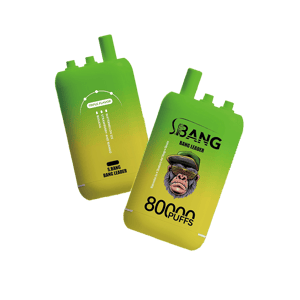 Two green and yellow gradient disposable vape devices labeled 'S.BANG BANG LEADER' with a bearded cartoon character, promoting triple flavor (watermelon olive ice, banana, and strawberry and mango) and 8000 puffs.
