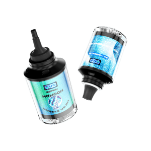 Two disposable vape devices with cylindrical shapes and digital displays, featuring shiny labels with branding and flavor names such as 'Blueberry Ice.'