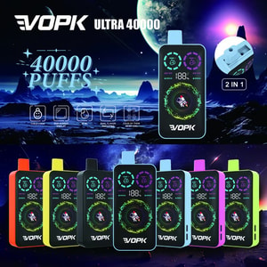 Colorful VOPK Ultra 40000 disposable vape devices displayed against a futuristic space background, highlighting features such as 40000 puffs, RGB screen display, dual flavor switching, and a child lock.