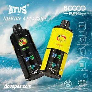 Two brightly colored ATVS Warship 60000 e-cigarette devices were displayed in front of a blue wavy background, and were equipped with product features such as 60,000 puffs, adjustable flavors, a 650mAh battery and a digital screen.