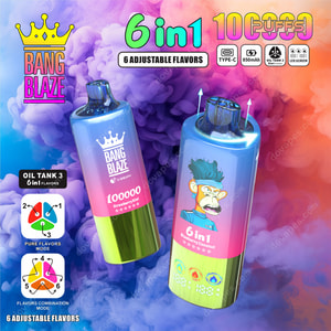 Promotional image for Bang Blaze 6-in-1 disposable vape devices, featuring two vapes with colorful designs and flavor options, highlighting 10,000 puffs, 6 adjustable flavors, and product features on a vibrant smoke background.