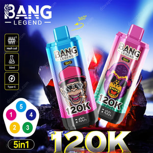 Two colorful Bang Legend vape devices with cartoon gorilla faces, set against a background of glowing red crystals and blue sky, highlighting features such as mesh coil, 50ml capacity, USB Type-C charging, and 5-in-1 functionality.