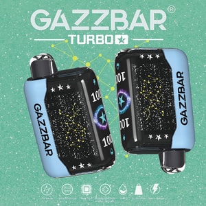 Two Gazzbar Turbo vape devices with constellation designs on a speckled teal background, surrounded by branding and feature icons.