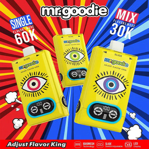 Promotional image for mr.goodie vaping device featuring three yellow units with eye graphics, digital controls, and text highlighting 'Single Flavor Mode 60K' and 'Mix Flavors Mode 30K' against a red and blue burst background.