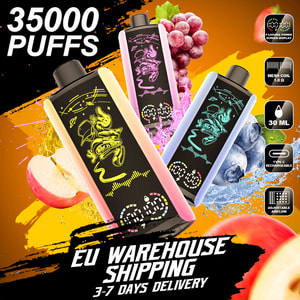 Promotional image featuring three colorful disposable vape devices with fruit flavors such as apple, grape, and blueberry, highlighting features like 35,000 puffs, e-liquid power screen display, mesh coil, 30ml capacity, type-C rechargeability, adjustable airflow, and EU warehouse shipping with 3-7 days delivery.