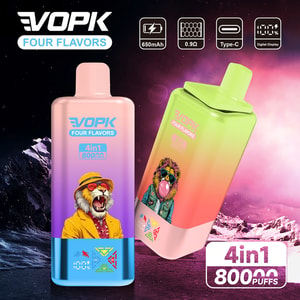 Promotional image for VOPK Four Flavors 4-in-1 disposable vape devices featuring colorful lion illustrations, product specifications like 650mAh battery, Type-C charging, 0.9Ω coil, and digital display, with a vibrant mountain background.