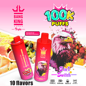Advertisement for Bang King Vapen Triple vape featuring two red vape devices with an eagle graphic, promoting 100,000 puffs, a 650mAh battery, 18ml capacity, mesh coil, 10 flavors, 3-in-1 switchable flavors, and a push-up-and-rotate flavor switch, against a background of fruits and colorful graphics.