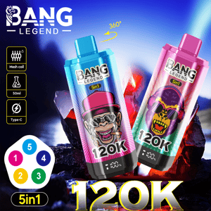 Two colorful Bang Legend vape devices with cartoon gorilla faces, set against a background of glowing red crystals and blue sky, highlighting features such as mesh coil, 50ml capacity, USB Type-C charging, and 5-in-1 functionality.