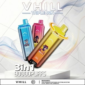 VHILL Triple 90000 disposable vape with 90K puffs, triple flavor switch and LCD screen, shown upright against a seamless background