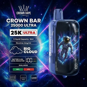 Al Fakher Crown Bar 25000 Ultra disposable vape with translucent body, astronaut artwork, and LED display visible on front.