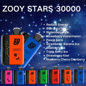 ZOOY Stars 30000 disposable vape front view with 3D curved LED screen displaying battery and e-liquid levels