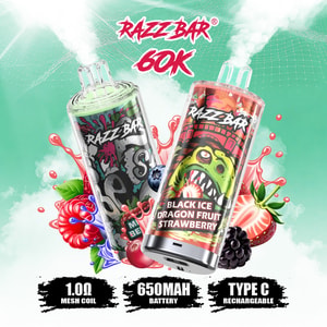Razz Bar 60000 crystal-clear disposable vape device with 60K puffs and visible 20mL e-liquid reservoir
