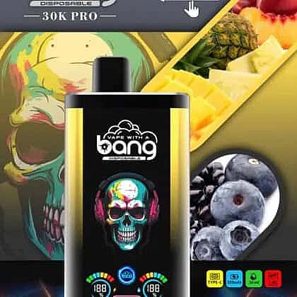 Colorful Vape Device Labeled 'Bang' With A Skull Illustration In The Background, Surrounded By Images Of Pineapple, Blueberries, And Strawberries.