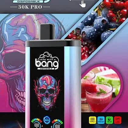 Colorful Vape Device With A Skull Design, Surrounded By Images Of Berries And Berry Drinks, And Various Device Features Displayed At The Bottom.