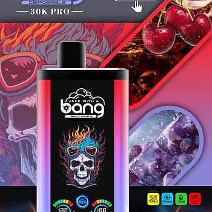 Colorful Vape Device With 'Vape With A Bang' Branding, Surrounded By Images Of Cherries, Iced Berries, And A Stylized Skull Wearing Sunglasses.