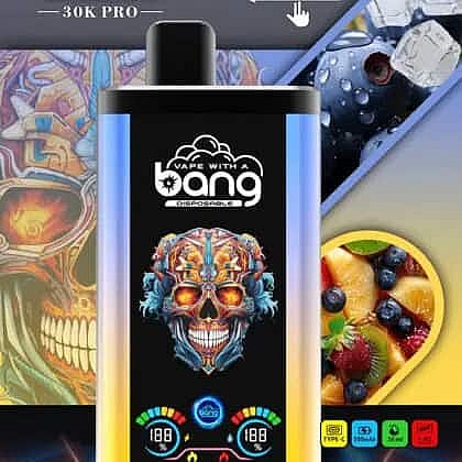 Colorful Vape Device Featuring A Vibrant Skull Design, Digital Displays, And Branding That Reads 'Bang Vape With A Bang Disposable,' Set Against A Background With Fruit And Ice Visuals.