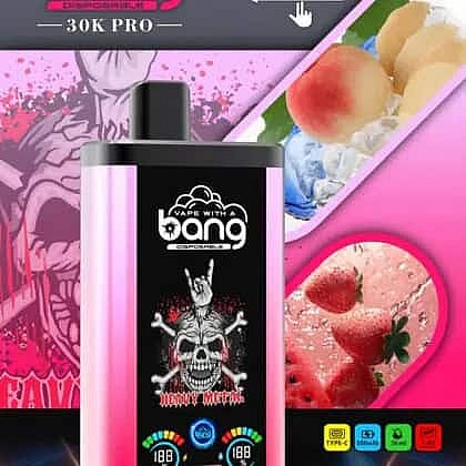 Promotional Image For A Pink Disposable Vape Device Labeled 'Bang' With A Skull And Crossbones Graphic, Set Against A Vibrant Background Featuring Illustrations Of Peaches With Ice And Strawberries, Along With Icons Highlighting Product Features.