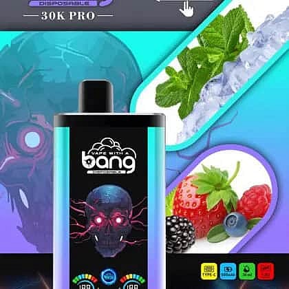 Promotional Image For A Bang Vape Device, Featuring A Stylized Skull Graphic On The Device And Images Of Mint, Ice, Strawberries, Raspberries, Blueberries, And Blackberries, Indicating A Mixed Berry Menthol Flavor.