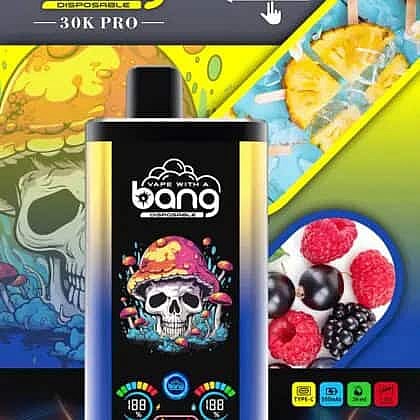 Colorful Vape Device With Skull And Mushroom Design, Surrounded By Images Of Pineapple, Ice, Raspberries, Blackberries, And Blackcurrants, Highlighting Fruity Flavors.