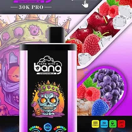 Colorful Vape Device Packaging With A Skull Wearing A Jeweled Crown, Surrounded By A Mix Of Berries And Ice Cubes, And Vibrant Branding Elements.