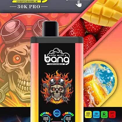 Colorful Vape Device With A Flaming Skull Graphic, Placed In Front Of Images Of Mango, Strawberries, And A Cold Beverage, Suggesting A Fruit-Flavored Vaping Product.