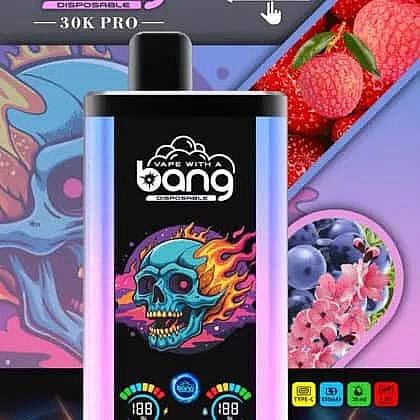 Bang Disposable Vape Device With A Flaming Skull Graphic On It, Set Against A Colorful Background With Images Of Raspberries, Blueberries, And Flowers, Suggesting A Fruity Flavor.