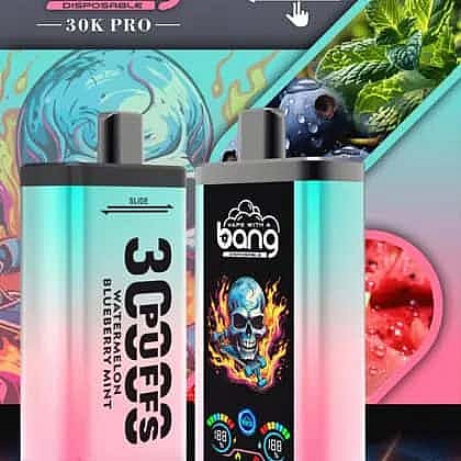 Two Colorful Disposable Vape Devices With Bold Graphics, One Featuring A Flaming Skull And The Other Labeled Watermelon Blueberry Mint, With Images Of Mint, Blueberries, And Watermelon In The Background.