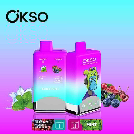 Zwei leuchtende Okso-Vape-Geräte mit doppeltem Geschmack und einem rosa und blauen Farbverlaufsdesign mit Bildern von Minzblättern und gemischten Beeren zur Darstellung der Aromen von Minze und Blue Razz Cherry Cranberry sowie einer Cartoon-Tierillustration und umgebenden Fruchtbildern auf einem Hintergrund mit Farbverlauf.